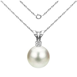 14K White Gold 1/100 Ct Diamond & White 7-7.5mm Freshwater Cultured Pearl Pendant Necklace (G-H, SI1-SI2), 18"