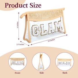 TOSOUATOP Makeup Bag with Chenille Letter, 1.1L Capacity Clear Makeup Letter Bag, Beach Bag, 【Easy to Carry】, 【Handmade Woven】,【Waterproof Material】, Travel Makeup Bag for Women/Girls, (Beige-GLAM)