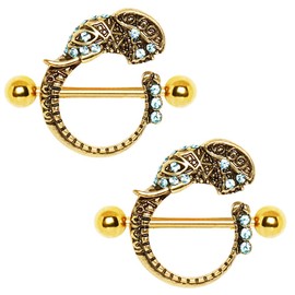 Cocobul Body Jewelry Pair of Gold Plated Tribal Elephant Nipple Shield 14 Gauge 3/4"
