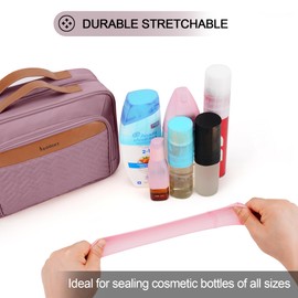 Travel Hanging Toiletry Bag for Women, Large Makeup Bag 8 Leak Proofing Silicone Bottle Covers, Waterproof Cosmetic Bag with Jewelry Organizer Compartment, Toiletries Kit Set, Purple