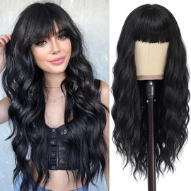 NAYOO Long Wavy Wigs with Bangs Black Wigs for Women Synthetic Heat Resistant Wig 26 Inches Natural Looking Realistic Wigs for Daily Party Use/Halloween Use（Black）