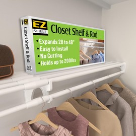 EZ SHELF Closet Shelf with Hanging Rod - 28-48” Expandable, White, Closet Shelves - Strong, Holds 200 lbs - DIY, Easy Install to 2 Side Walls - Alternative to Wire Shelving