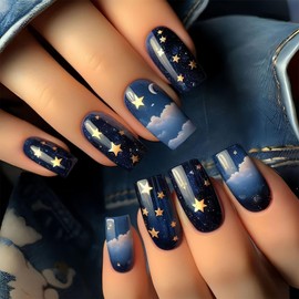 LWTZLW Fall Blue Starry Sky Press on Nails Short Square Fake Nails Gradient Full Cover Glue on Nails Stars Moon Clouds Design Oval Acrylic False Nail Autumn Glossy Artificial Nail Reusable for Women