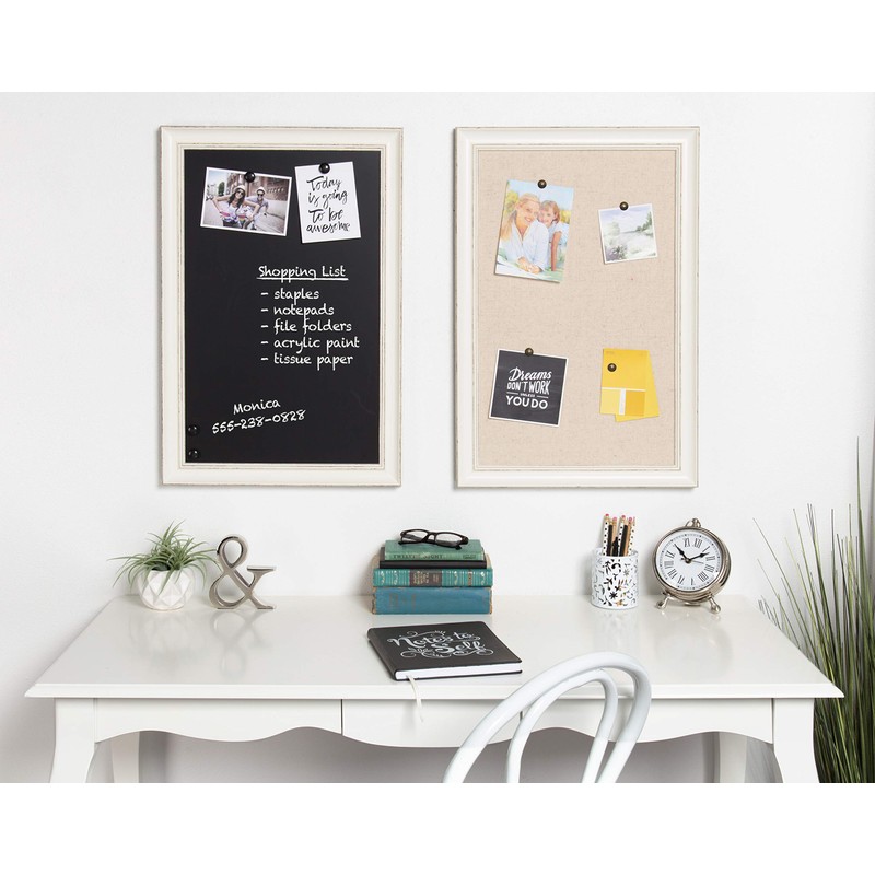 DesignOvation Macon Framed Linen Fabric Pinboard, 18x27, Soft White