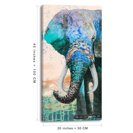 TEKMENT Blue Elephant Stretched Canvas Wall Art for Bedroom Home Office Decoration, African Animals Picture Print Painting Decor Artwork, Modern Artwork Gallery Wrapped Gift, Inner Frame 20x40 in