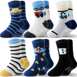 MOGGEI Kids Boys Toddlers Fuzzy Slipper Grips Socks Non Slip Warm Winter Fluffy Cozy Thick Fun Crew Hospital Gripper Socks 6 Pairs Christmas Gifts Stocking Stuffers(Truck,1-3T)
