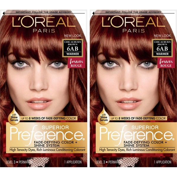 L'Oreal Paris Superior Preference Fade-Defying + Shine Permanent Hair Color, 6AB Chic Auburn Brown, Pack of 2, Hair Dye