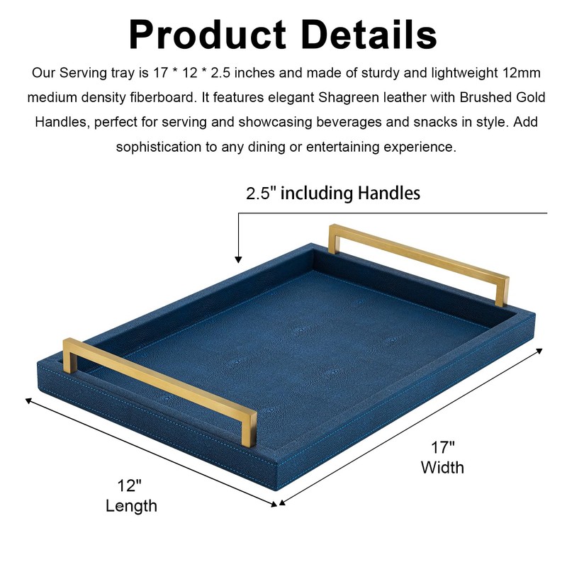 XIGEXIGE Navy Blue Decorative Serving Tray, Shagreen Leather Coffee Table