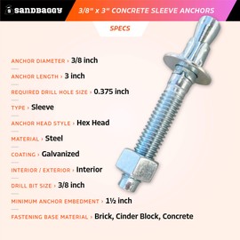 Sandbaggy 3/8" x 3" Concrete Wedge Anchors Bolts - Hex Head (Galvanized) - Masonry, Concrete (10, 3/8" x 3")
