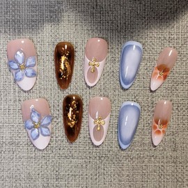 Handmade Press-On Nails French Tip Press-On Nails Handcrafted 3D Floral Amber Design Nails Reusable Hand-Painted Nails Including Tool Kit 10 Pieces (SHN08-S, S)