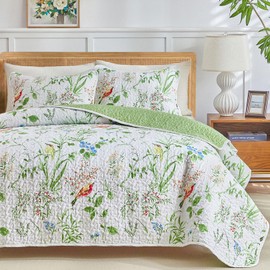 Joyreap 2 Pieces Quilt Set Twin, Floral Green n White Design, Soft n Cozy Microfiber Quilt, Bedspread Bed Cover for All Season, 1 Quilt and 1 Pillow Sham- 68x86 inches