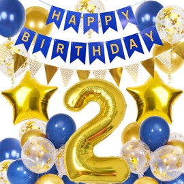 2nd Birthday Decorations Boy Girl, Gold and Blue 2 Year Old Birthday Decorations with Happy Birthday Banner, Triangle Flags, 40In Number 2 Foil Birthday Balloons, Star Balloons and 18Pcs 12In Balloons