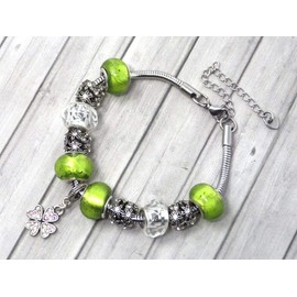 Women's Green Charms Stainless Steel Bracelet with Clover Pendant Set with Crystals
