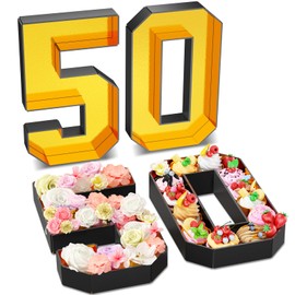 Paready 13.78'' Fillable Cardboard Number 50 Tray, Gold Black, Food Fillable Number 50 Box Flower Candy Cupcakes Container for 50th Anniversary Birthday Party Decoration