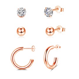 Cangall Silver Hoop Earrings for Women, 3 Pairs 925 Sterling Silver Stud Earrings and Hoop Earrings Set, Dainty CZ Rose Gold Cartilage Earrings, Hypoallergenic Rose Gold Sleeper Huggie Earrings