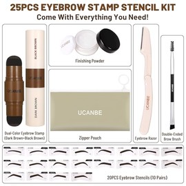 UCANBE Kit de Plantilla de Sello de Cejas de 25 Piezas Con Pomada de Sello de Cejas de Doble Color,20 Plantillas Reutilizables para Cejas, Polvo de Acabado, Cepillo, Maquinilla de Afeitar para Cejas,