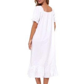 Lu's Chic Women's Victorian Nightgown Cotton Sleepwear Long Loungewear Short Sleeve Soft Nightwear Night Dress Sleep Calf Length Ruffle Nightdress Scoop Neck Lace Solid White X-Large