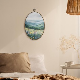 XBBMGG Mountains Landscape Wall Art Decor, Cottagecore Forest Wildflowers Oval Wall Hanging Decor, Watercolor Rustic Nature Floral Framed Canvas Prints for Living Room Bathroom Decorations, 8.6 x 11.4 inch
