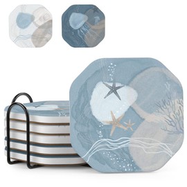 UMIRRO Ceramic Stone Coasters for Drinks Absorbent with Holder, Coastal Themed Design for Beach Lovers, Ocean Inspired Stoneware Cup Coasters for Wooden Coffee Table, 4", Octagonal, Blue, 6 Pack