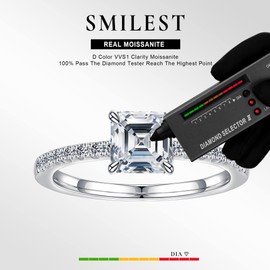 SMILEST Asscher Cut Moissanite Rings for Women, 1.0 Carat D Color VVS1 Clarity Lab Created Moissanite Wedding Rings 18K White Gold Plated Solid 925 Sterling Silver Moissanite Side Stone Ring for