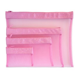 Multi Purpose 4 Piece Mesh Bag Set for Travel, Office Supplies, Cosmetic, Paper, Bill and Credit Card Bag (Pink)