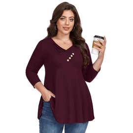 LARACE Plus Size 3/4 Sleeve Womens Tops for Fall Spring, Casual Flowy Women's V-Neck Shirts Tunic Top to Wear with Leggings (BurGundy 6X)