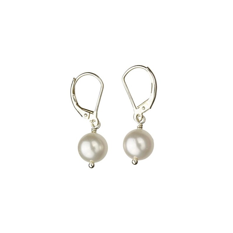 Sterling Silver Leverback Earrings White 8mm Crystal Simulated Pearl