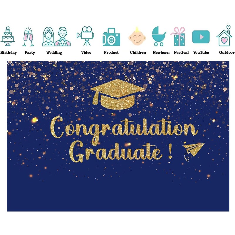 PEKRU 7x5ft Fabric Congratulations Graduate Backdrop Blue Gold Glitter Background