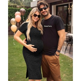 Ficerd Women's Ribbed Split Maternity Dresses V Neck Short Sleeve Ruched Pregnancy Bodycon Clothes Stretchy Knit Baby Shower(Black,Medium)