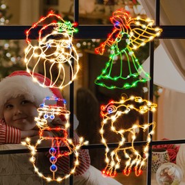 GLOWNOVA 200L19'' 4 Pack Christmas Window Silhouette Lights Decorations, Window Lighted Angel x1,Snowman x1,Reindeer x1,Santa x1 for Home Indoor Wall, Patio Lawn
