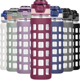 Ferexer 32oz/22oz Glass Water Bottle with Straw Handle Flip lids, leakproof, BPA free, Borosilicate Glass Bottles, with Protective Non-Slip Silicone Sleeve Sports Glass Drinking Bottles Red