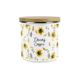 Purely Home Yellow Sunflowers Decaf Coffee Storage Canister - White Metal Enamel Kitchen Food Storage Container
