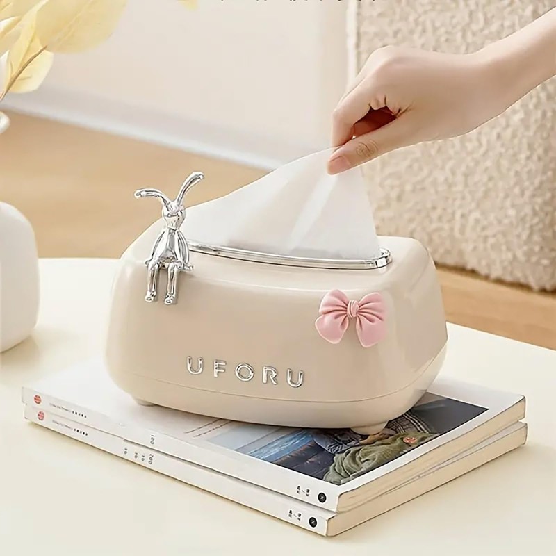 AIMALL Bunny-Themed Tissue Box, Elegant Spring-Lift Design, 8.26" x 5.43"
