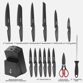 ZHANG XIAO QUAN SINCE 1628 15Pcs Kitchen Knife Set with Block,Knife Set with Sharpening Steel Dishwasher Safe Ergonomic Handle(Black)