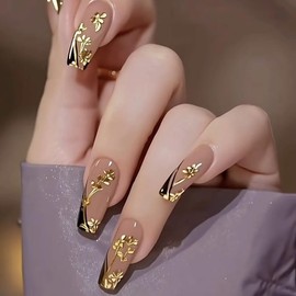 Press on Nails Medium Square Fake Nails Gold Rose Flowers Acrylic Nails Black French Tip False Nails Press ons with Design Cat Eye Glue on Artificial Nail for Women Manicure 24Pcs