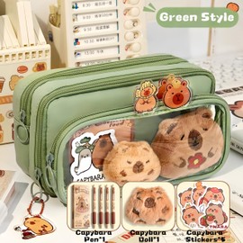 IN Chenthy Capybara Makeup Bag with Cute Plush Toy, Stickers and Pen Accessories - Large Capacity 10-Layer Divider Storage for Cosmetics, Stationery Organizer (8.46" x 3.35" x 4.92"-Green)