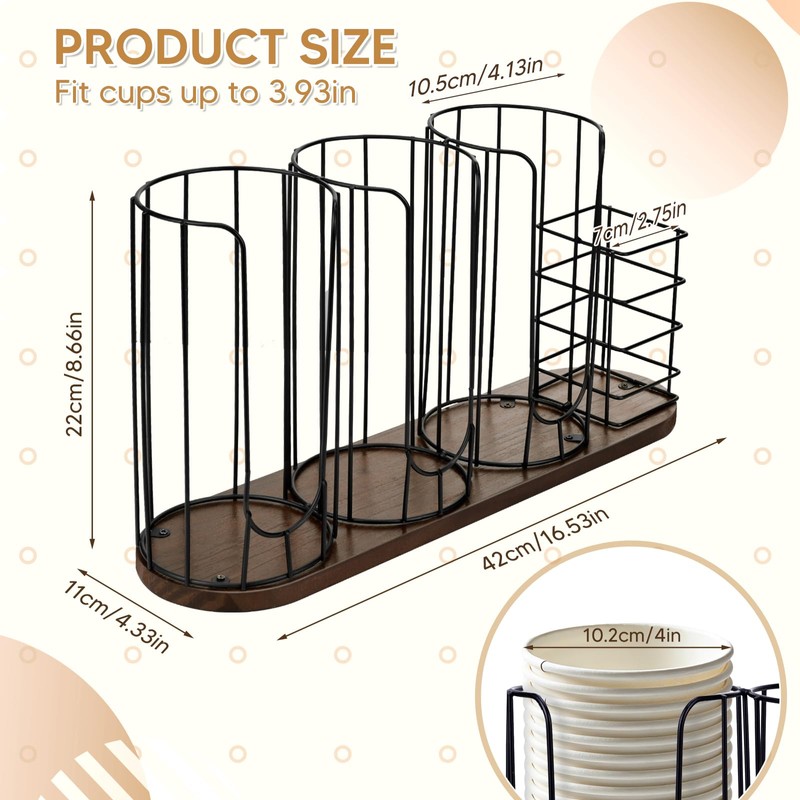 MOJIEZUO 4-Compartment 18oz Coffee Cup Dispenser Rack with Wood Base,