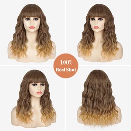 Ninroc Light Brown Mixed Blonde Wavy Wig with Bangs, 16 inch Shoulder Length Brown Bob Wigs for Women, Synthetic Wig Natural Looking Wigs For Daily Party Use