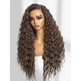 GORGIUS Brown Highlight Ocean Wave Lace Front Wigs Pre Cut Glueless Side Part Closure Wig 28 Inch Synthetic Long Wig
