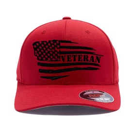 Veteran American Flag Embroidered Flex Fitted Hat. Custom Embroidered Baseball Cap (L/XL, Red)