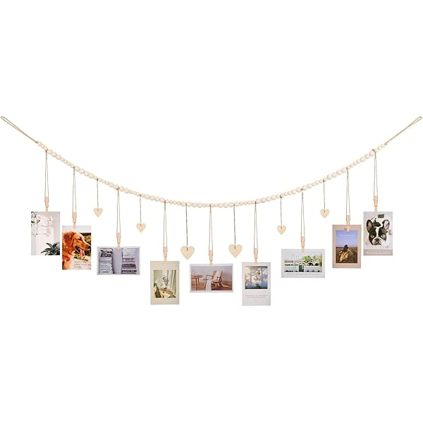 Hanging Photo Display with Clips, 9 Wood Clips, Boho Picture