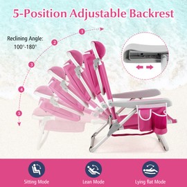GYMAX Beach Chair, 330lbs Backpack Lounger with 5-Position Backrest, Storage Bag, Side Pocket, Towel Bar & Headrest, Foldable Low Beach Lounge, Portable Aluminum Lay Out Camp Chair (2, Pink)