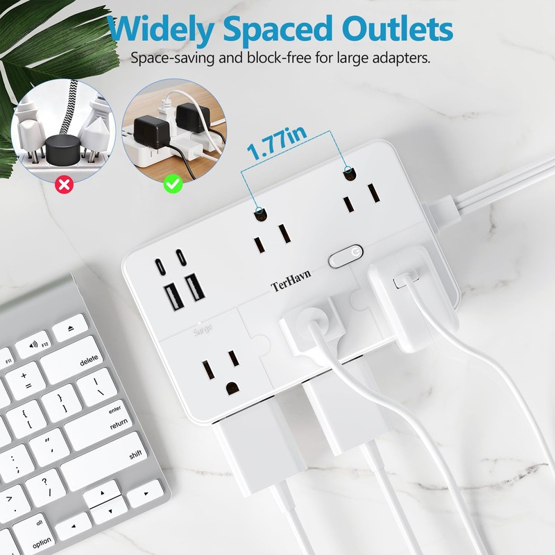 Surge Protector Power Strip 1 FT Flat Extension Cord ，10