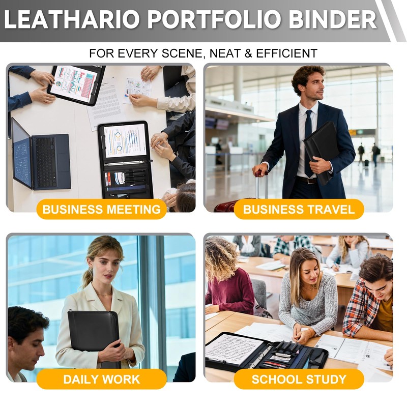 Leathario Portfolio Binder, Padfolio Organizer, 3 Ring Binder with Zipper