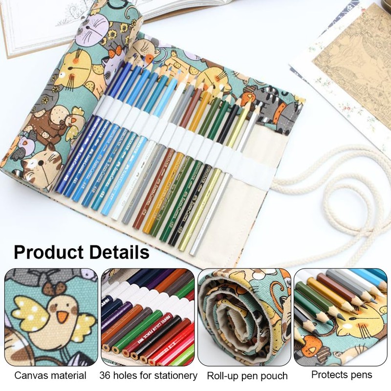 Pack of 2 Canvas Pen Roll, Rolling Pencil Case, 36