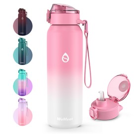 WEMEET 32oz Water Bottle with Removable Straw, 18/10 Stainless Steel Double Walled Vacuum Sports Water Bottle for Sports, Gym, Travel, and School(PINK WHITE)