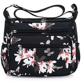 Kecartu Small Crossbody Bag for Women, Lightweight Casual Nylon Crossbody Purses, Water Resistant Multi Zipper Pockets Shoulder Bag, Travel Messenger Bag with Floral Print (Magnolia Flower)