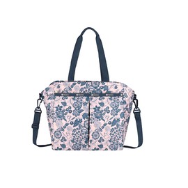 LeSportsac Rooks & Roses Large Ever Tote Handbag/Satchel & Convertible Crossbody + Top Handle Tote & Cosmetic Bag, Style 3802/Color E483, Slate Blue Whimsical Roses, Branches & Leaves, Pastel Pink Bag