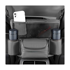 NYTKL Car Handbag Holder Between Seats, Large Capacity Leather Organizer Auto Purse Holder with Tissue Box, Double-Sided Central Storage Bag Front Seat Barrier for Most Vehicles (Gray)
