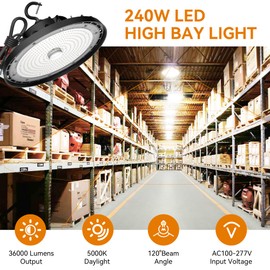 SHINEWOO UFO LED High Bay Light 240W 36,000lm 5000K Daylight, High Bay LED Shop Lights with US Plug 5’ Cable, Commercial Warehouse Lights, Factory Area Lighting Fixture, Non-Dim, 2PCS